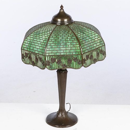 Handel Green Slag Glass Table Lamp