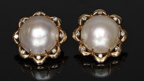 Pair of 14K Gold, Mabe Pearl and Diamond Earrings