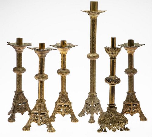 6 Russian Brass Candlesticks, 19th Century