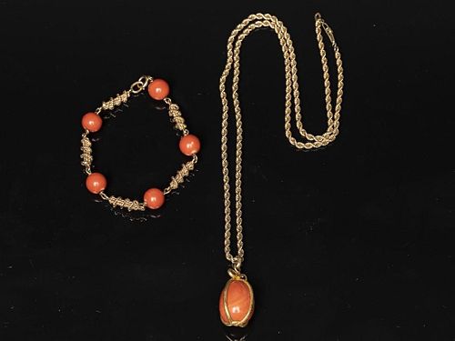 14K Gold and Coral Necklace and Bracelet