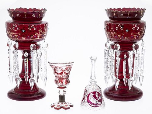 Pair of Ruby Red Lusters, a German Goblet and a Bell