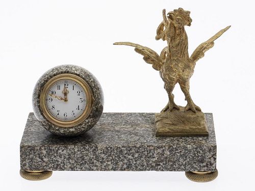 French Marble & Gilt Metal Mantle Clock with Rooster