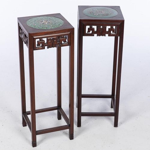Pair of Chinese Hardwood CloisonnÃ© Inset Pedestals