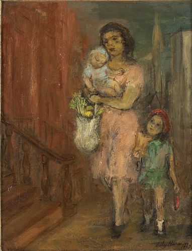 Lily Harmon, Mother and Children, Oil on Canvas