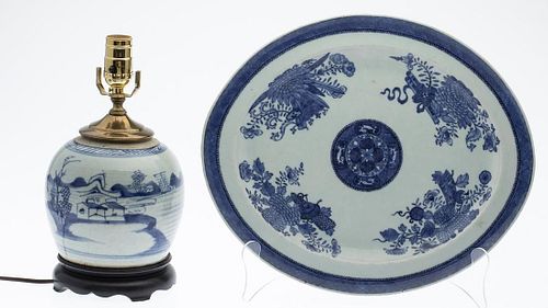 Chinese Export Blue and White Platter and aÂ Lamp
