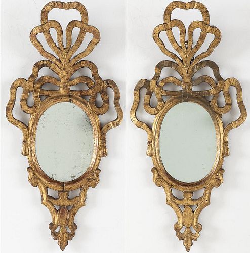 Pair Italian Ribbon Decorated Giltwood Oval Mirrors