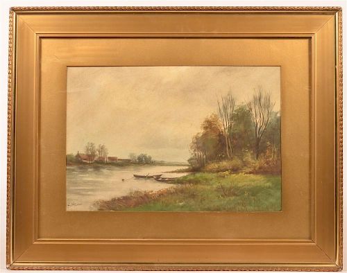 19th Cent. Lake and Row Boat Scene Painting.