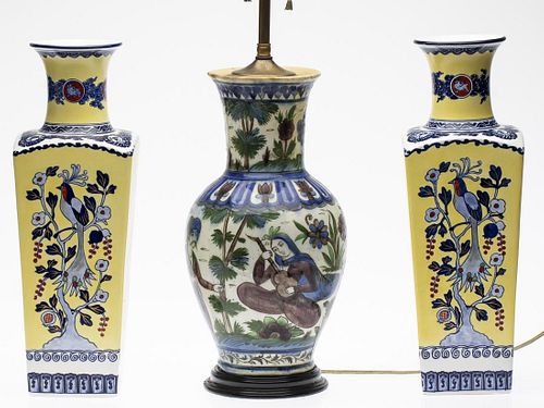 Persian Ceramic Lamp and Pair of Vases