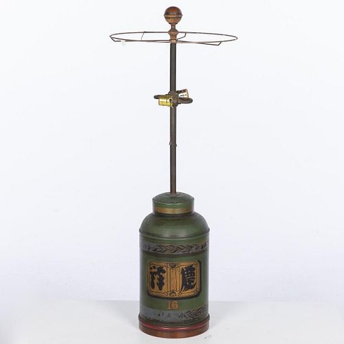 Green Tole Tea Cannister Now Mounted as Lamp