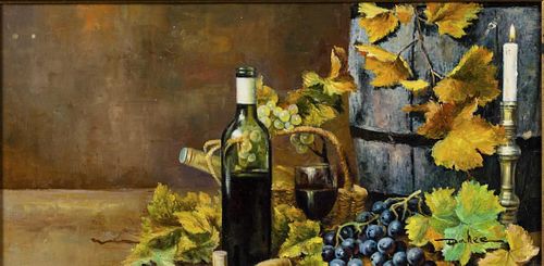 Dahee, Still Life of Wine Bottle with Grapes, Oil