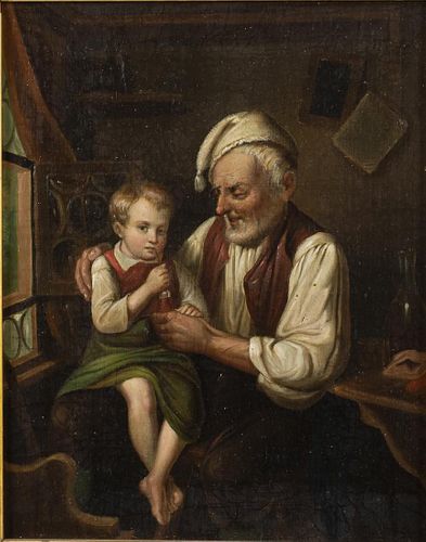 English School, Old Man with Boy, Oil on Canvas