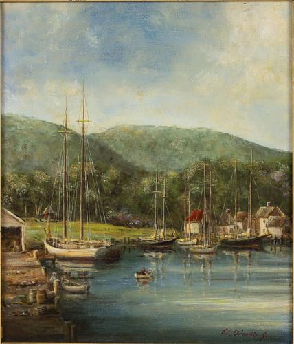 E.L. Woodle Jr (American, 20th C), Harbor Scene, O/C