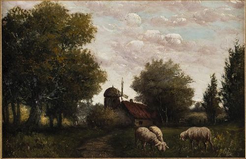E. Weber, Landscape with Sheep, Oil on Canvas