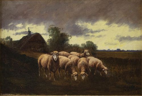 British School, Landscape with Sheep, Oil on Canvas
