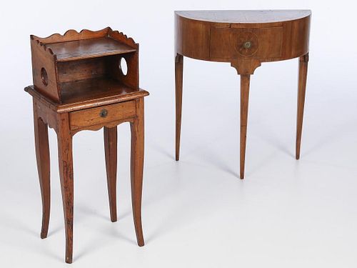 Italian Walnut Demilune Table & French Bedside Table