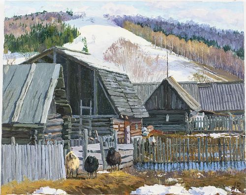 Russian School, Farm Buildings, Oil on Canvas