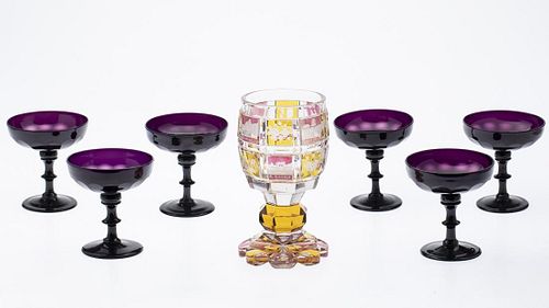 German Glass Goblet and 6 Purple Glass Champagnes