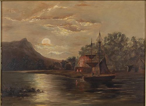 Unsigned, Moonlit Harbor, Oil on Board, 19th Century