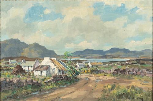 H J Fay, Village Scene with Mountains, Oil on Canvas