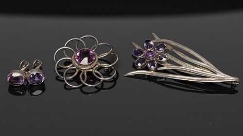 Sterling Silver and Amethyst Earrings and 2 Brooches