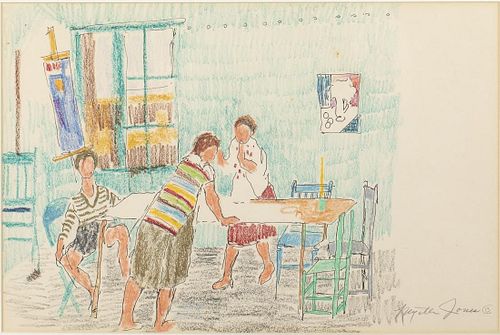 Myrtle Jones, Three Figures in an Interior, Crayon