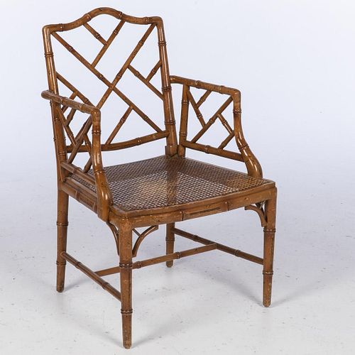 Faux Bamboo and Caned Open Armchair, 20th Century