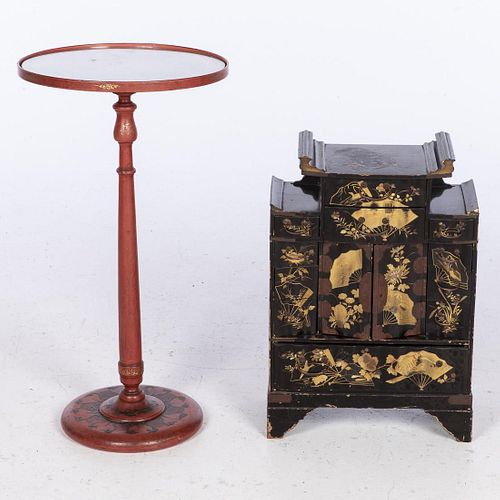 Japanese Lacquer Chest and a Red Painted Side Table