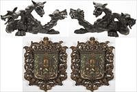 3753605: Pair of Heraldic Painted Wood Wall Plaques and Carved Wood Gargoyles E3RDJ