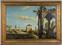 3753689: Italian School, Landscape with Ruins, Oil on Canvas, 20th Century E3RDL