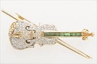 3776686: 14K Gold, Emerald and Diamond Violin Pin/Pendant E3RDK