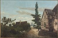 3753502: J.J. Burghoffer (French/American, d. 1907), Village
 Scene, Oil on Canvas E3RDL