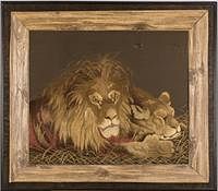 3753513: Silk Thread Needlework of Lion and Lioness, 19th Century E3RDJ