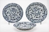 3776711: 3 Chinese Underglaze Blue Barbed Rim Chargers, Modern E3RDC