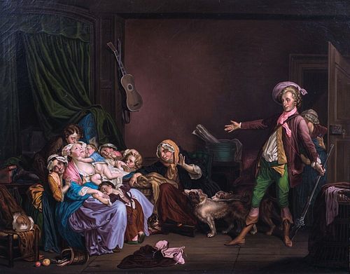 SATIRICAL FAMILY INTERIOR OIL PAINTING