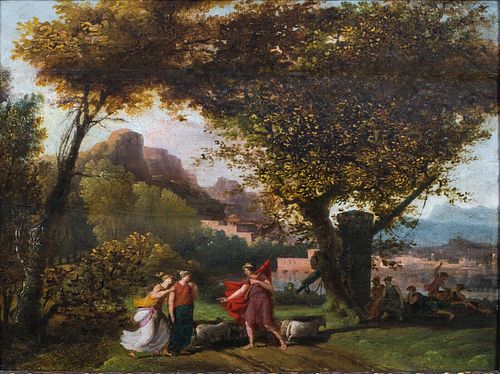 LADIES IN A CLASSICAL LANDSCAPE OIL PAINTING