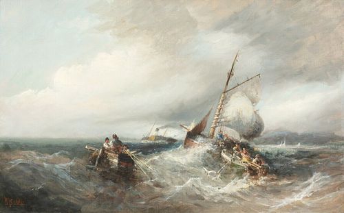 SHIPS IN A STORM OIL PAINTING