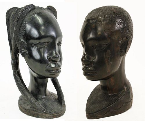 TWO WEST AFRICAN WOOD CARVED BUST SCULPTURES