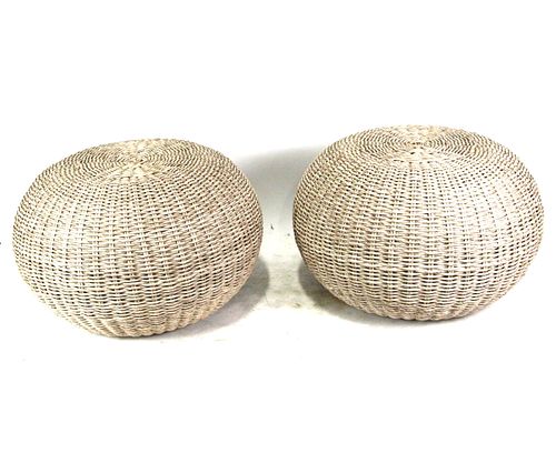 PAIR OF CONTEMPORARY GRAY WICKER OTTOMANS