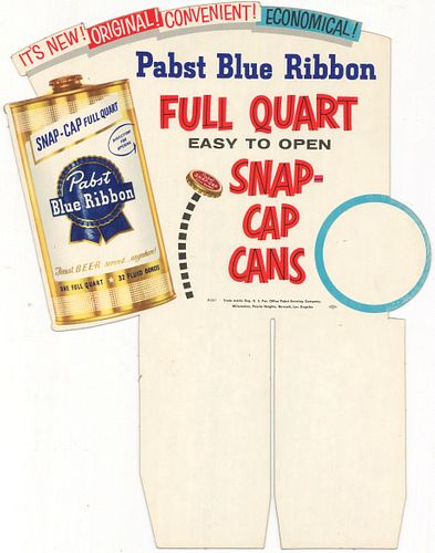 1958 Pabst Blue Ribbon "Snap Cap Cans" quart cone top point of sale Sign, Milwaukee, Wisconsin