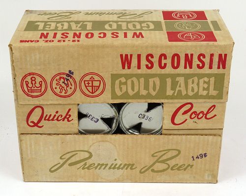 1962 Wisconsin Gold Label Beer (with Flat Tops) Twelve Pack Can Carrier Case Box, Monroe, Wisconsin