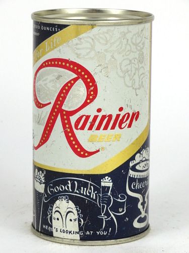 1956 Rainier Jubilee Beer (Cloud Burst) 12oz Flat Top Can, Spokane, Washington