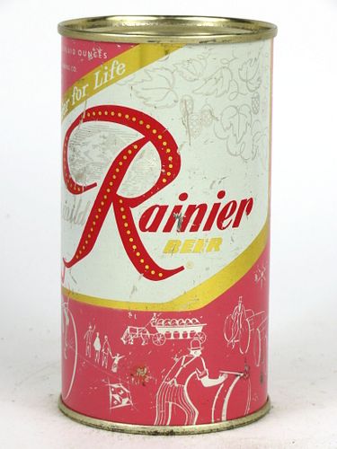 1956 Rainier Jubilee Beer (Dusty Red) 12oz Flat Top Can, Seattle, Washington