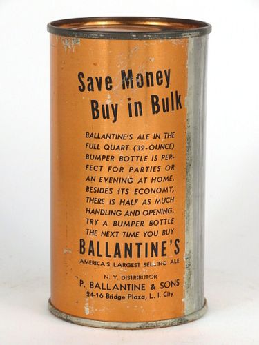 1940 Ballantine's Ale "Save Money" 12oz Flat Top Set Can 33-10, Newark, New Jersey