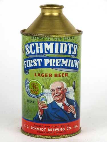 1947 Schmidt's First Premium Lager Beer 12oz Cone Top Can 183-32, Logansport, Indiana