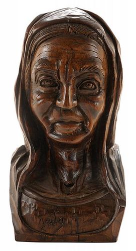 Carved Hardwood Bust of an Old Native