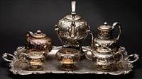 5654644: Gorham Sterling Silver Repousse 6 Piece Tea and
 Coffee Service with a Silverplate Tray EV1DQ
