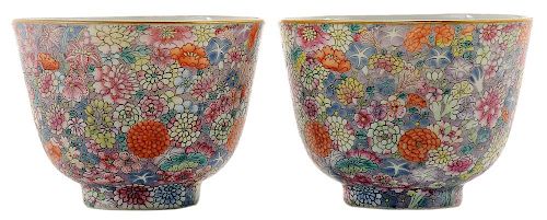 Pair Famille Rose Millefleurs Cups