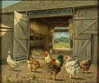 5654792: W. T. Robinson (MA, 1852-1934), Chickens in a Barn, Oil on Board EV1DL