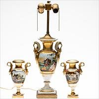 5664830: Pair of Paris Porcelain Small Urns and a Larger
 Urn Now Mounted as a Lamp EV1DF