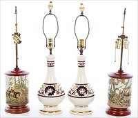 5654900: Pair of Decoupage Hunt Scene Lamps and a Pair of Porcelain Lamps EV1DJ